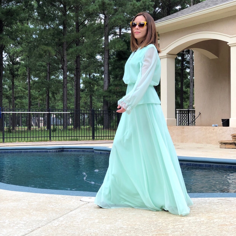 70s MINT BLUE FLOWY DRESS